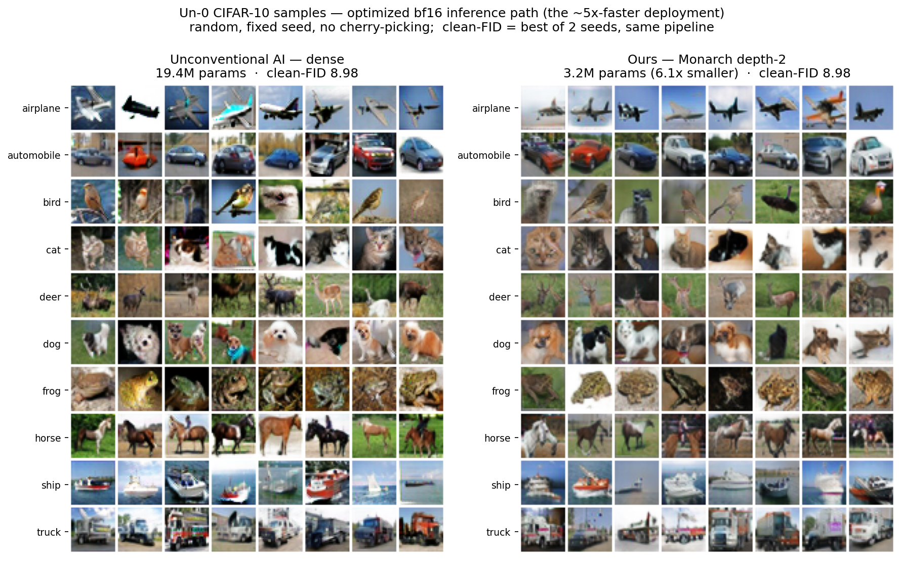 Grid of CIFAR-10 samples from the released 19.4M dense model versus the 3.2M Monarch model, same seed, bf16 path.